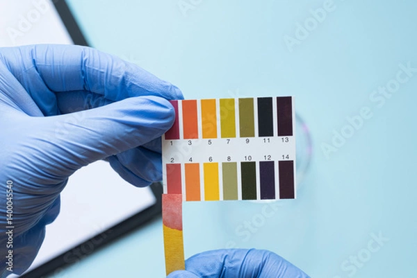 Fototapeta Hands holding ph test strip with color scale on blue background. Acidic pH environment.
