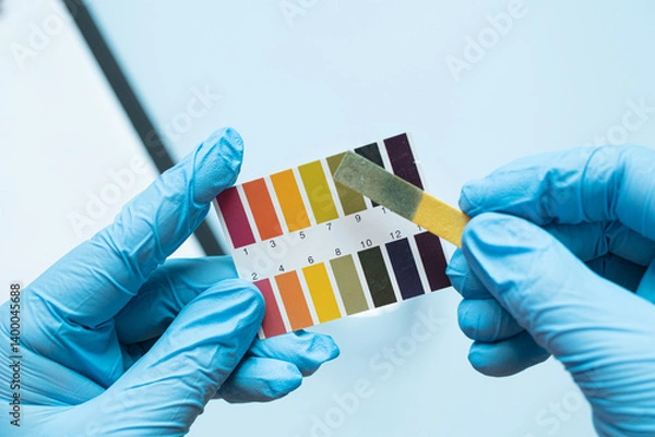 Fototapeta Gloved hands holding ph test strips on light blue background. Alkaline pH environment.