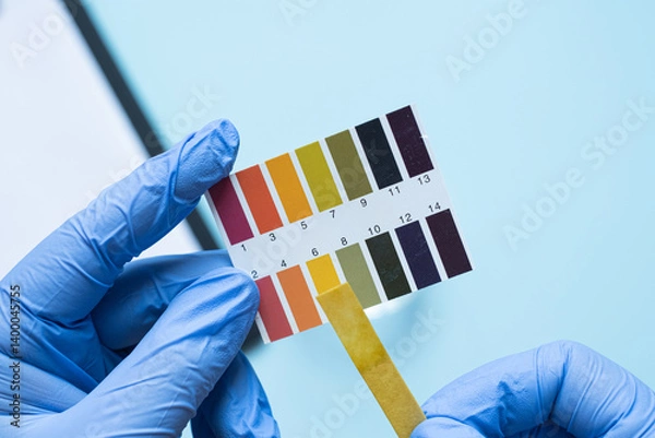 Fototapeta Gloved hands holding ph test strip with color scale on blue background. Neutral pH environment.