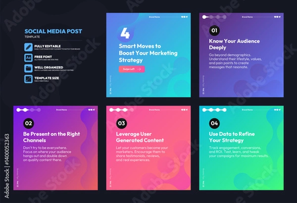 Obraz Social media carousel post template. Business Instagram and facebook square post template. Instagram tips post collection tutorial, tip, trick, quick tips, layout template design
