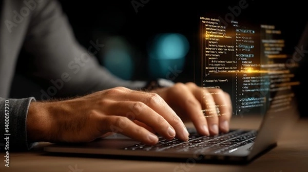 Fototapeta Person typing code on a laptop; screen displays glowing lines of programming