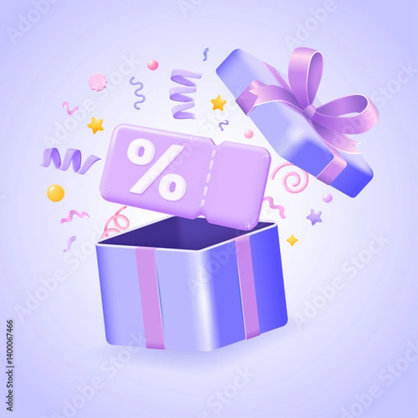 Fototapeta Surprise discount coupon flying out of gift box with confetti, cashback voucher for promo, loyalty program or holiday sale in festive pseudo 3d style. 3d vector illustration.