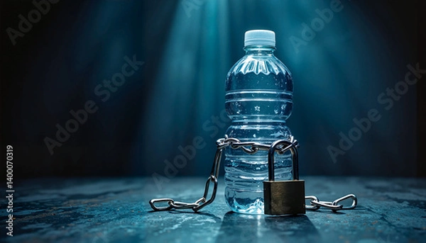 Fototapeta Bottled water symbolizing restricted hydration in dark setting  
