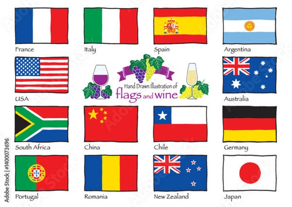Fototapeta 代表的なワイン産地国の国旗の手描きイラスト