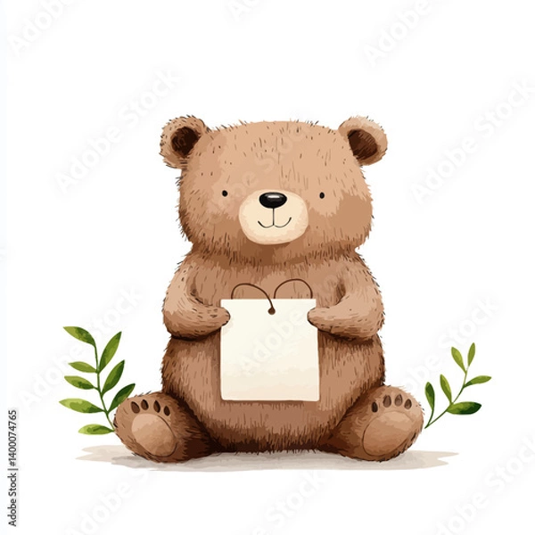 Fototapeta Teddy Bear with Blank Card: An adorable teddy bear, holding a blank card, sitting on a soft surface with delicate foliage. perfect for conveying warmth, love, and personalization.