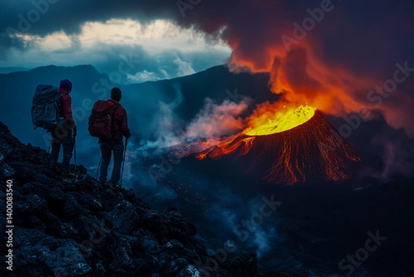 Fototapeta A captivating image of two climbers standing on a mountainside, their backpacks overflowing, as they witness a fiery volcanic eruption under a dark twilight sky.