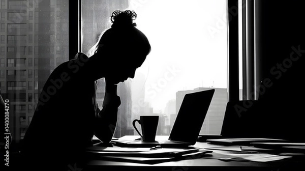 Fototapeta Late-night silhouette of a woman at her desk, displaying stress from her overwhelming workload and responsibilities.