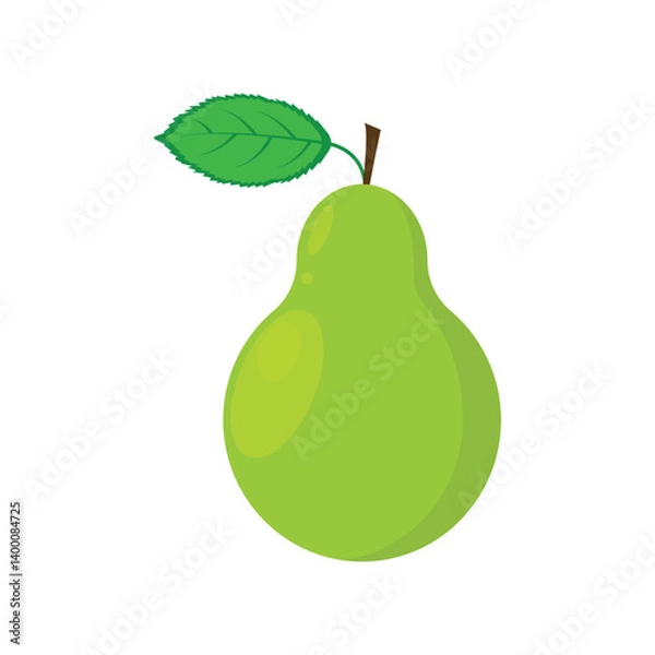 Fototapeta Pear. A ripe green pear with a green leaf. Fresh garden fruit. Vegetarian product. The vector illustration is isolated on a white background
