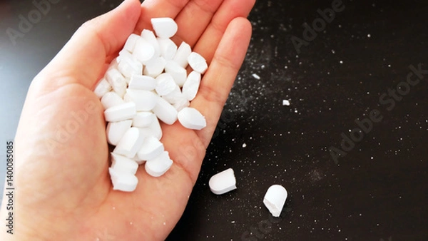 Obraz Hand with handful of white supplement tablets, crushed into half. With some debris on the table.