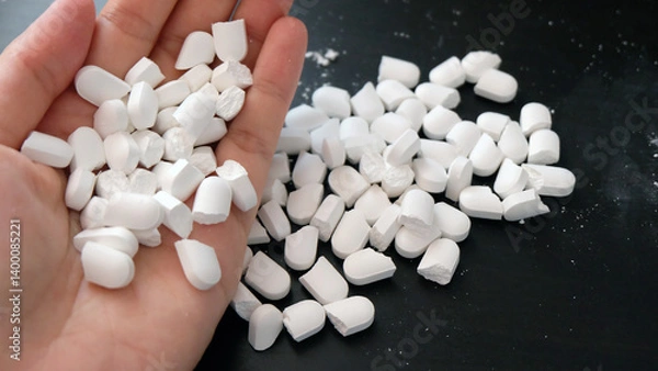 Obraz Hand with handful of white supplement tablets, crushed into half. With a big pile of the same tablets on the table, in the background.