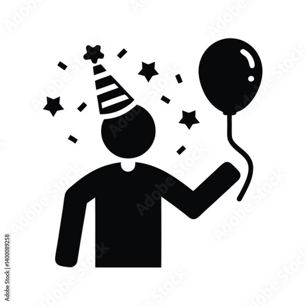 Obraz Festive Silhouette Party Hat Figure with Balloon & Confetti on Transparent