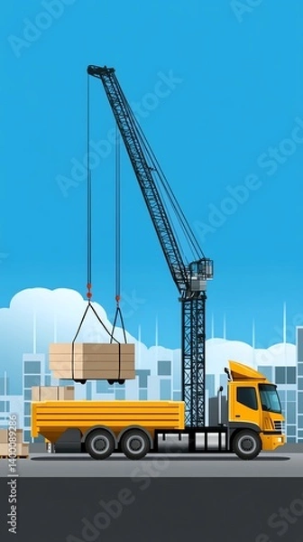 Fototapeta Flat vector illustration of crane lifting cargo, simple construction graphic