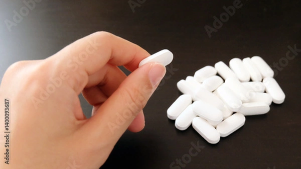 Obraz Hand picking up a white supplement tablet from a pile that is placed on a black table.