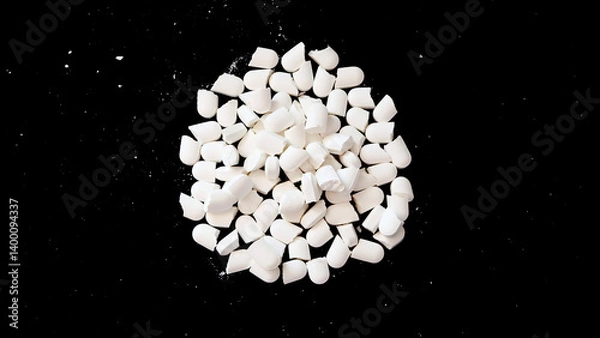 Obraz A pile of white supplement tablets, split into half the size. With dark background.