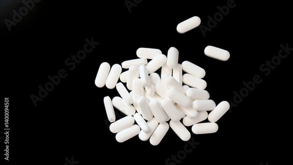 Fototapeta Closeup of a pile of oval white supplement tablets. With black background.