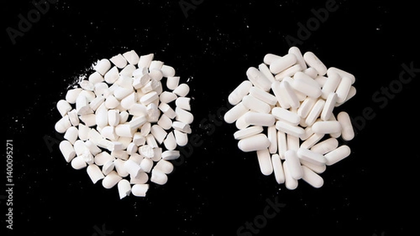 Obraz Two piles of white supplement tablets. One pile with whole tablets, and another with tablets split into half. With black background.