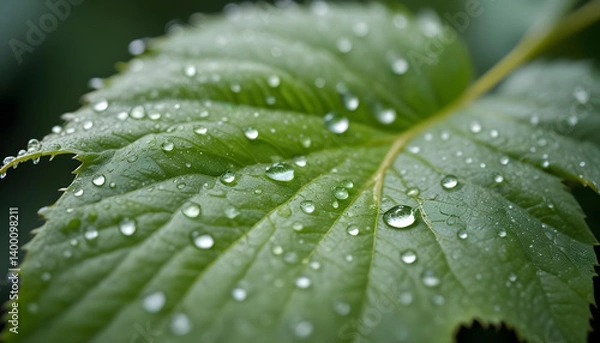Fototapeta a close-up of a vibrant green leaf, glistening with numerous water droplets.