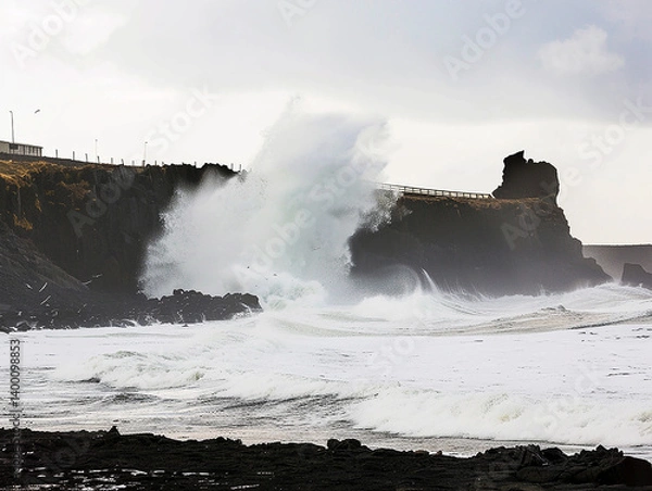 Obraz Powerful Ocean Wave Crashing Against Cliff in Ireland