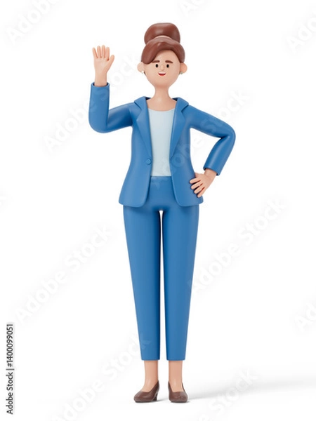 Obraz A woman in business attire waving, symbolizing greeting or presentation. 3D rendering, conceptual image. Isolated on white background.