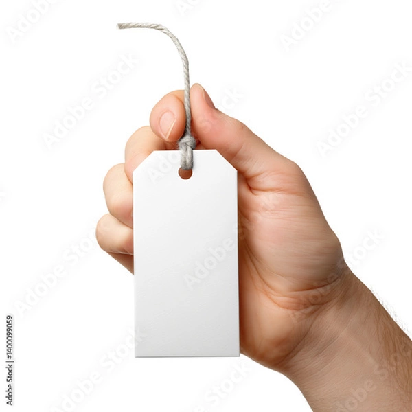 Obraz Male hand holding blank price tag with string isolated on white