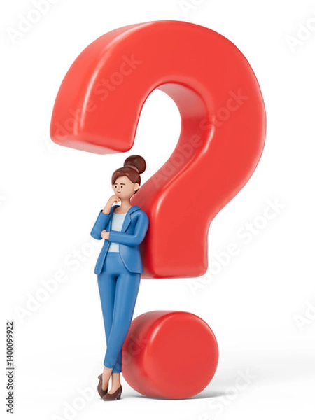 Fototapeta A woman contemplates next to a large question mark, symbolizing confusion or contemplation. 3D rendering, conceptual image. Isolated on white background.