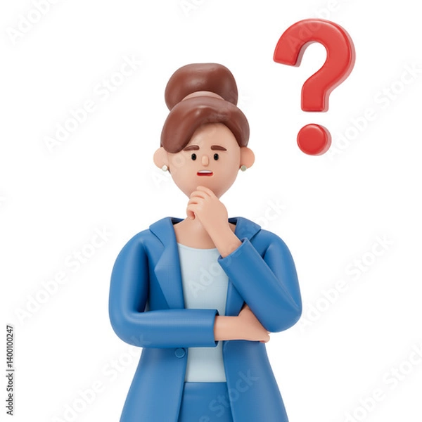 Obraz A woman with a thoughtful pose, a question mark above his head, symbolizes pondering or indecision. 3D rendering, conceptual image. Isolated on white background.