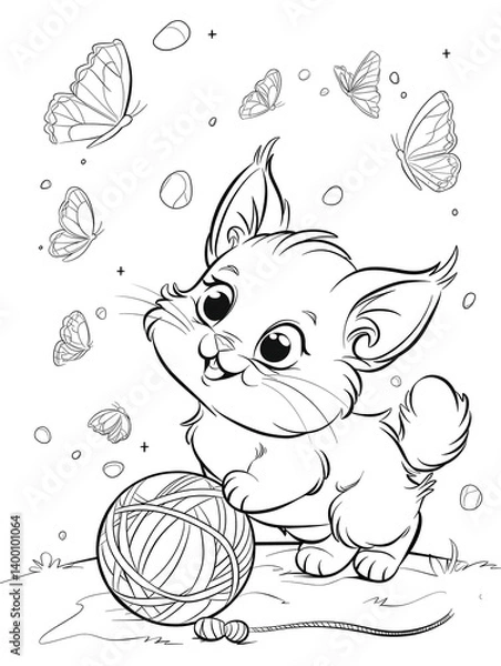 Obraz Coloring for children. A cheerful kitten plays with a ball of thread. Butterflies fly around the kitten.