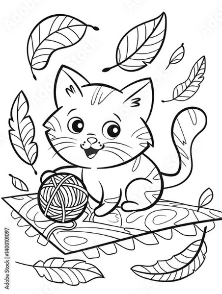 Obraz Coloring for children. A cheerful kitten plays with a ball of thread. Leaves are swirling around the kitten.