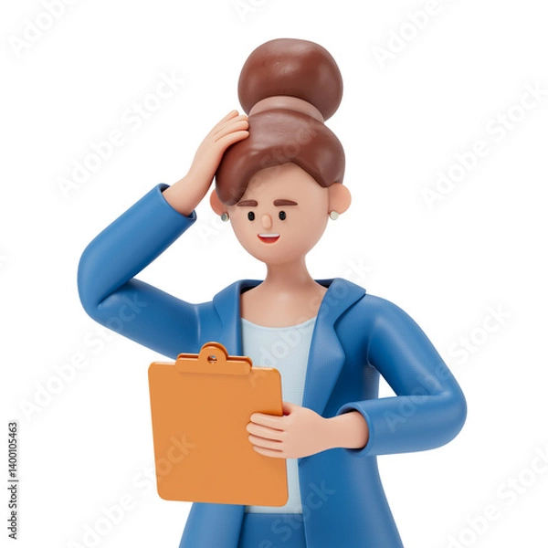 Fototapeta A woman holds a clipboard and scratches his head, symbolizing evaluation or decision-making. 3D rendering, conceptual image. Isolated on white background.