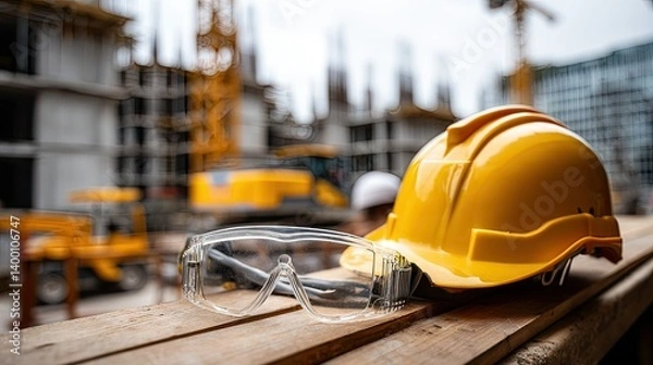 Fototapeta Construction site features safety gear including a yellow hard hat and protective goggles next to ongoing building work in an urban area