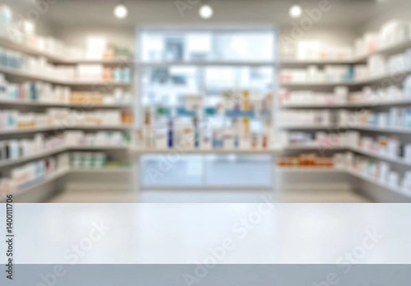Obraz Empty white counter table top in front of blurred pharmacy shelves for product display mock up and healthcare advertisement background with a clean and modern aesthetic