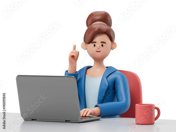 Fototapeta A woman at a desk with a laptop, pointing upwards, symbolizing an idea or solution. 3D rendering, conceptual image. Isolated on white background.