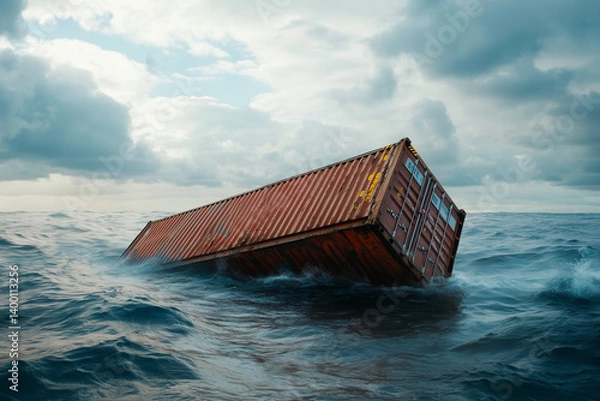 Fototapeta One shipping container has fallen from a ship and is floating on the ocean