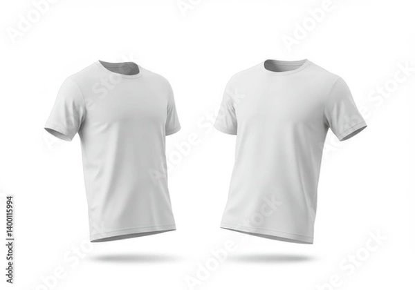 Fototapeta Two white t shirts floating on a white background in a studio setting for product presentation