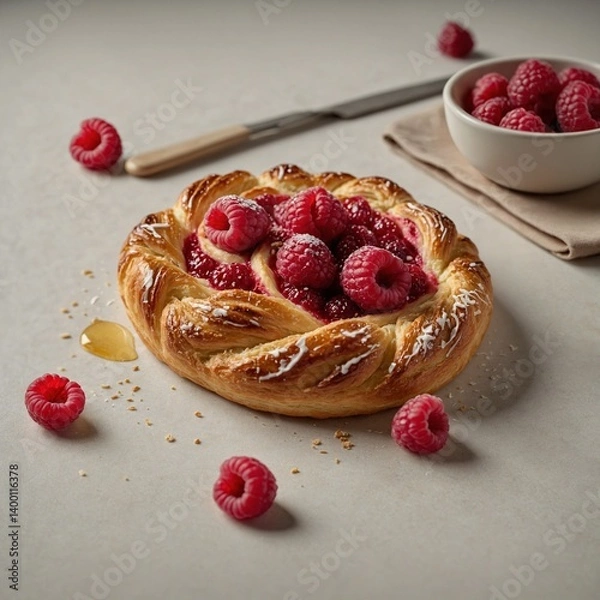 Fototapeta Raspberry Danish pastry, isolated on pure ivory background
