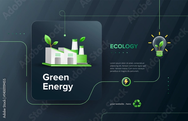 Fototapeta Minimalist 3D green energy concept for factory background. Sustainable innovation design template. Vector illustration.