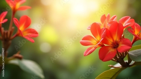Fototapeta Symmetrical Red-Orange Erabadu Flower Background with Empty Text Space and Artistic Tropical Motifs for Creative Projects
