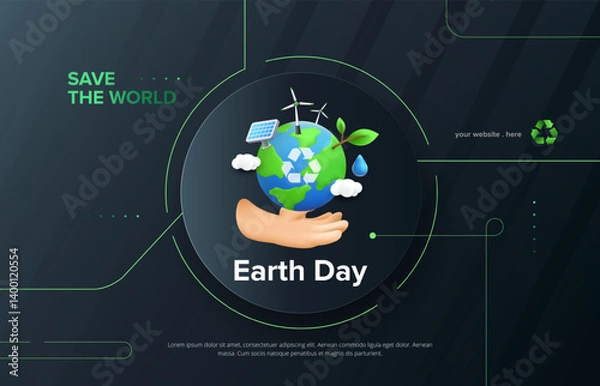 Fototapeta 3D earth day concept design with hand holding green eco earth. Save the planet design template. Vector illustration.