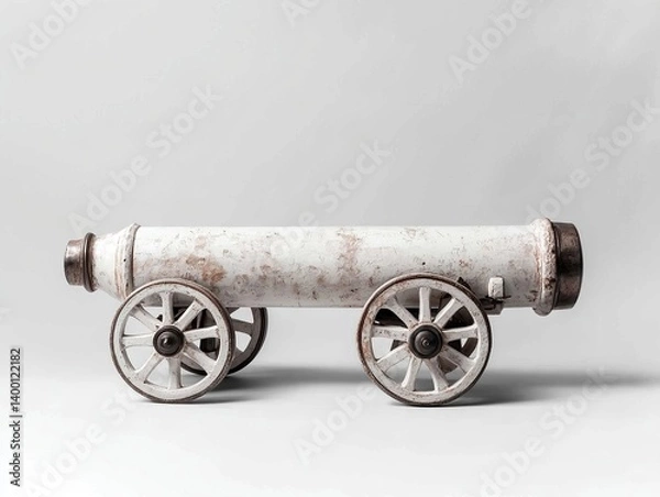 Fototapeta Antique white cannon miniature, a historical artifact with aged paint and wooden wheels on a simple background.