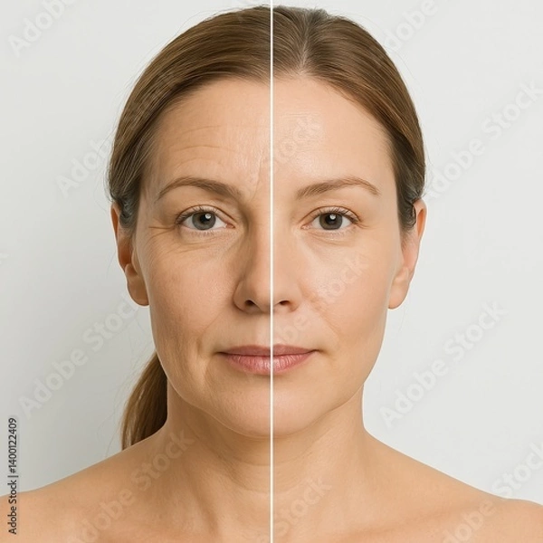 Fototapeta One side of a woman's face shows signs of aging while the other side reflects youthful skin. The neutral backdrop emphasizes the differences, highlighting skincare effects