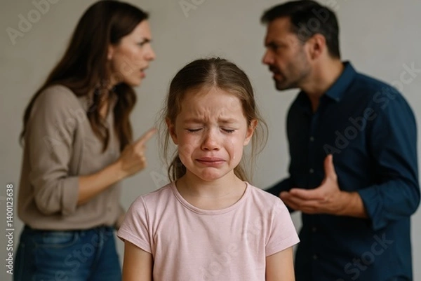 Fototapeta In a domestic setting, a young girl appears distressed while her parents argue in the background. Their heated discussion reveals family discord, impacting the child's emotions