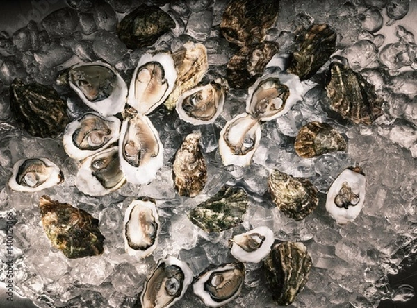 Fototapeta Fresh oysters are displayed on a bed of ice at a local fish market, showcasing their natural beauty and inviting customers to enjoy their delicious taste