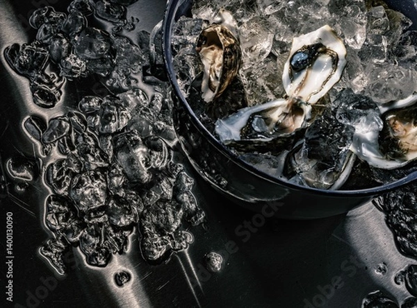 Fototapeta A bowl filled with fresh oysters sits on a slick surface, accompanied by crushed ice. Local fishermen prepare their catch at the fish market during a busy morning rush