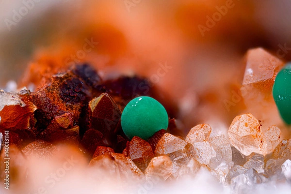 Fototapeta Malachite ball on oxided Quartz. Specimen from Mas Dieu, Laval-Pradel, France. Micro photography extreme close-up. microscope mineral crystal photography for Scientific use.