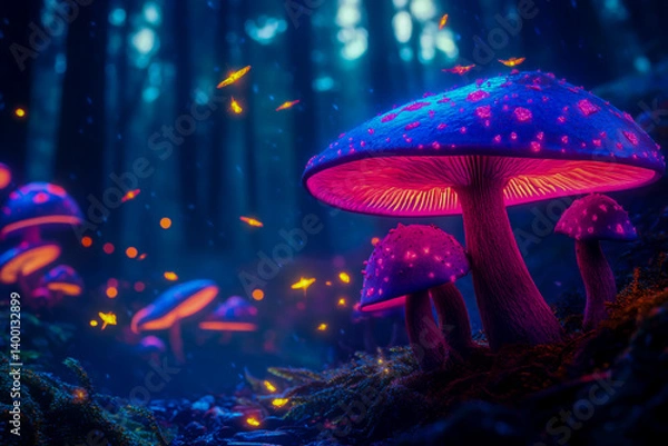 Fototapeta A magical woodland illuminated by glowing mushrooms and swarms of fireflies, creating a captivating, otherworldly atmosphere.