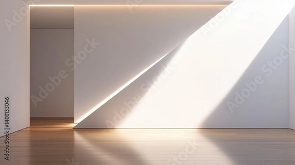 Fototapeta Minimalist interior design with sunlight casting shadows on a white wall and wooden floor creating a serene and modern atmosphere