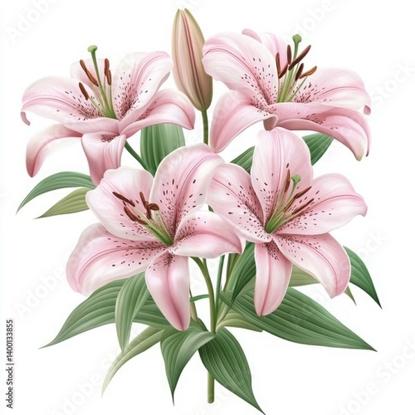 Fototapeta Elegant Pink Lilies in Bloom with Lush Green Leaves Surrounding Delicate Petals and Buds