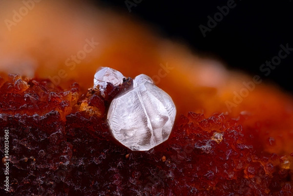 Fototapeta Cerussite white crystals on oxided Quartz. Specimen from Mas Dieu, Laval-Pradel, France. Micro photography extreme close-up. microscope mineral crystal photography for Scientific use.