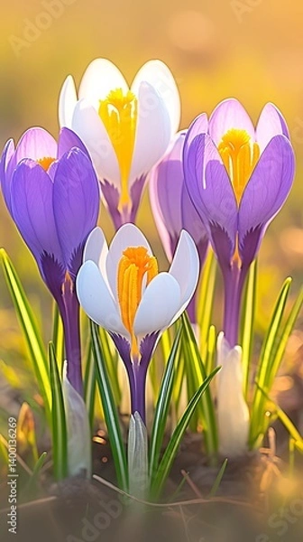 Fototapeta Spring Crocuses in Sunlight