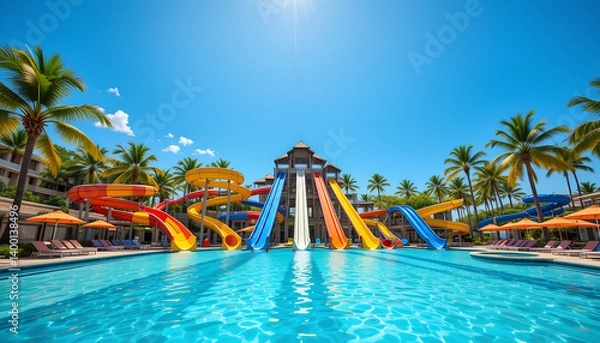 Fototapeta Vibrant water park slides tropical resort pool colorful water tubes red yellow and blue slides, palm trees